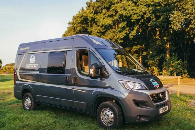 grauer Campervan auf Rasen vor Bäumen