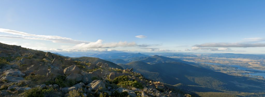 Panoramic view from the mountain into the valley in Australia near Hobart