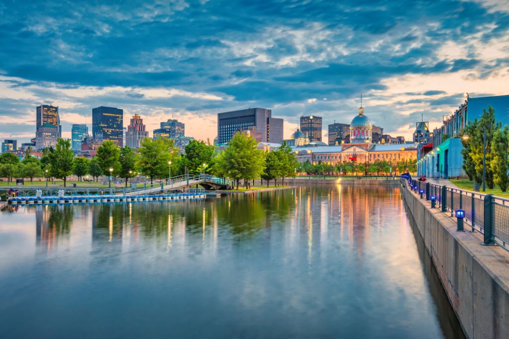 Waterfront in downtown Montreal, Quebec, Canada at twilight.