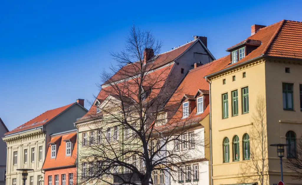 Colorful historic houses on the market square of Aschersleben, Germany