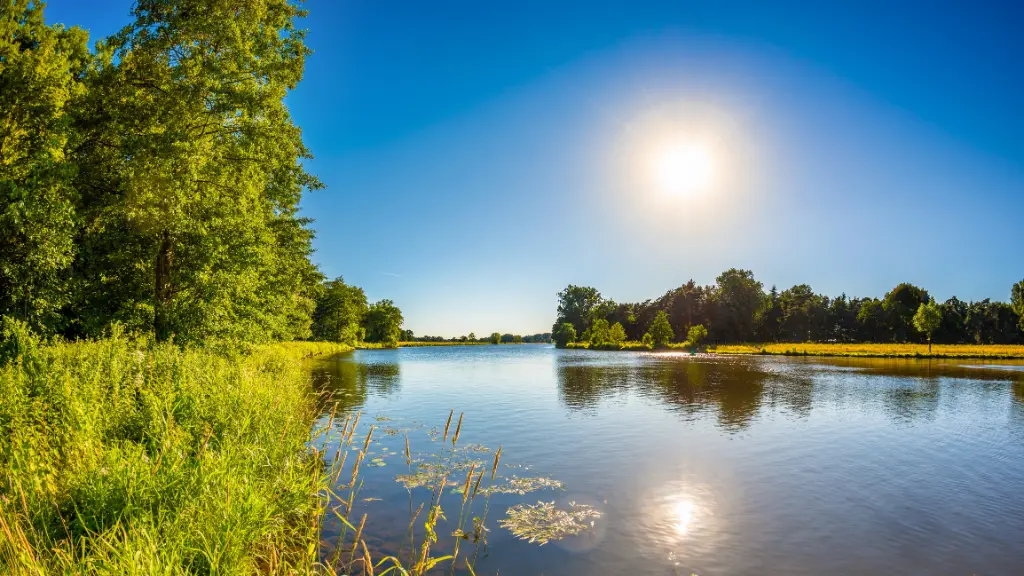 Summer landscape with trees, meadows, river and bright sun