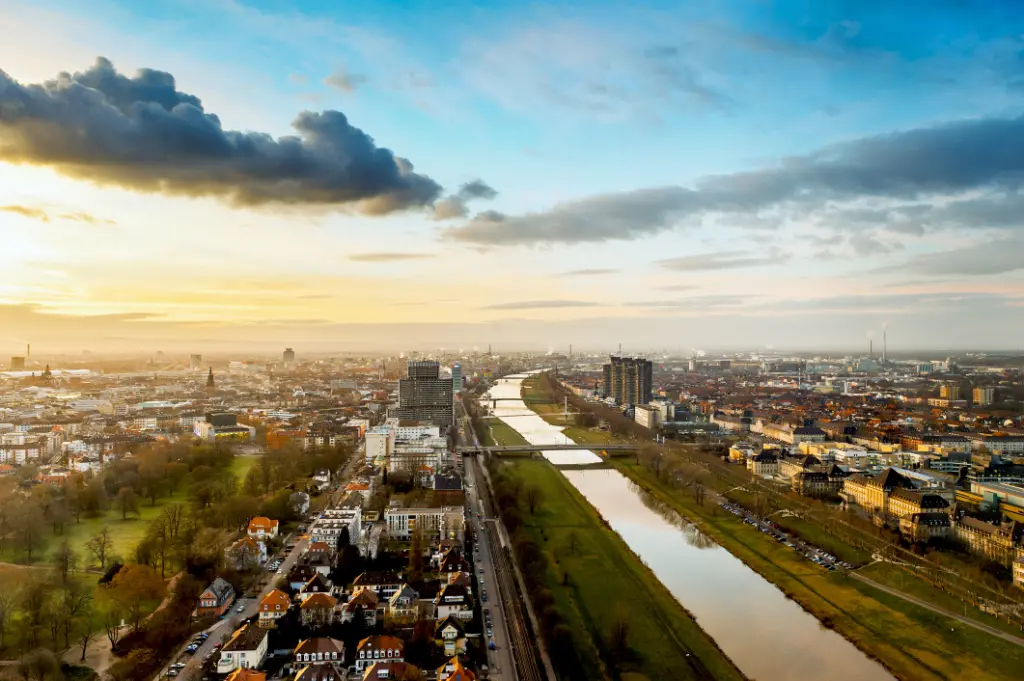 The city of Mannheim Ludwigshafen in Germany at dusk