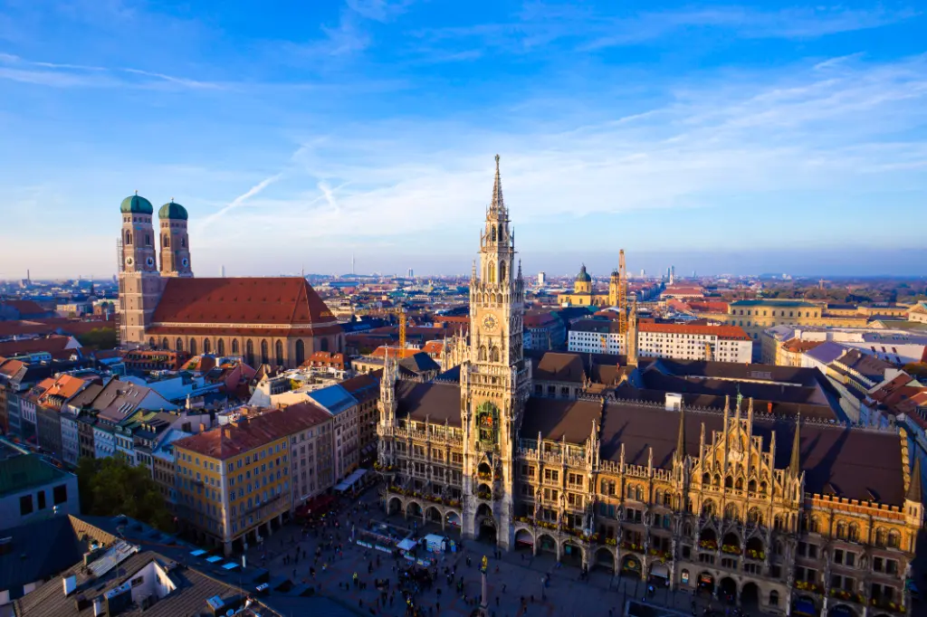 Aerial panoramic view of Old Town, Munich, Germany.