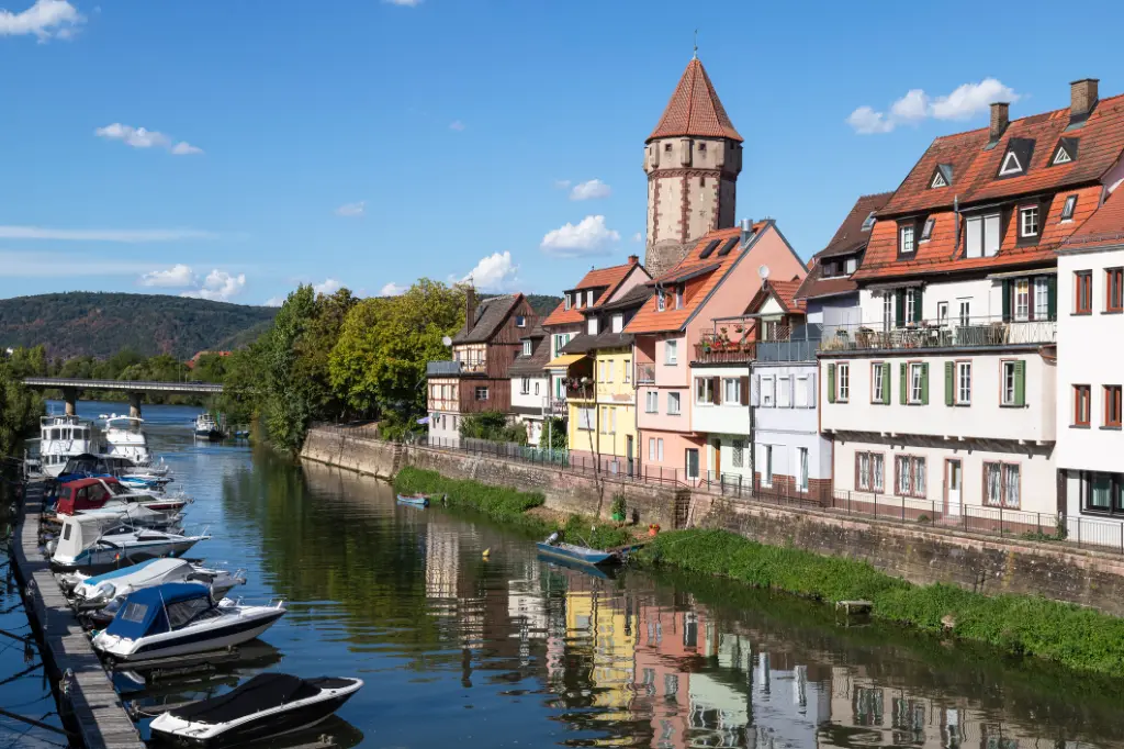 Monumental old watchtower along the river Tauber in the small town of Wertheim.