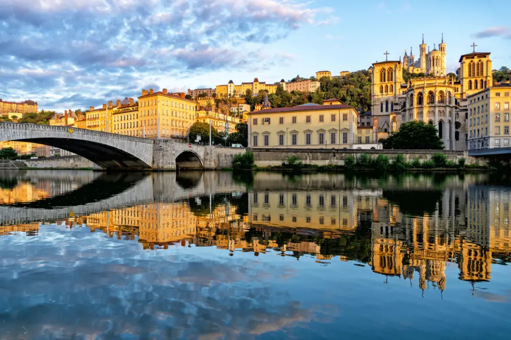 Cathedral Saint Jean, Basilica Notre-Dame de Fourviere and the Saone river in Lyon city at morning.