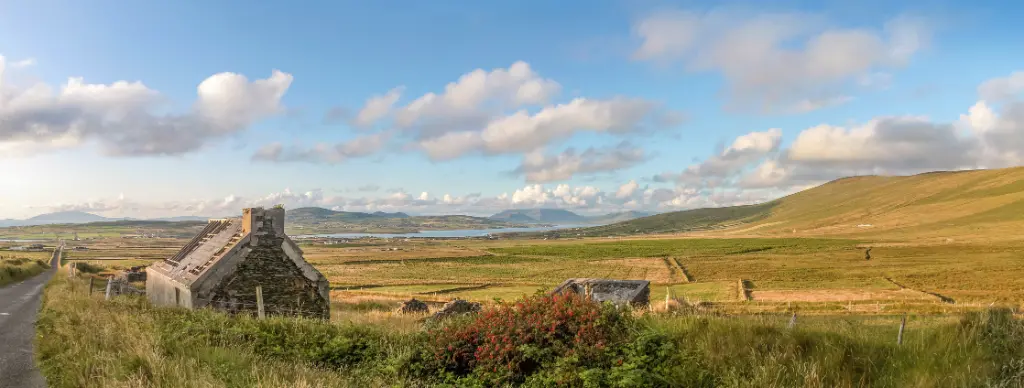 Pastoral Landscape Panorama and Ruin near Portmagee, County Kerry, Ireland