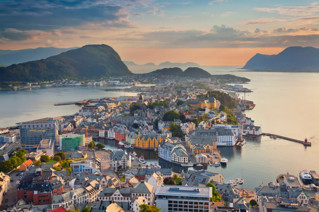 Image of norwegian city of Alesund during golden hour.