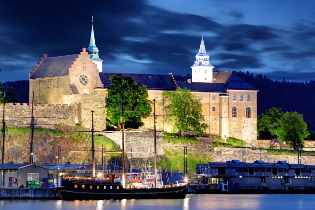 Akershus Fortress at night, Oslo, Norway