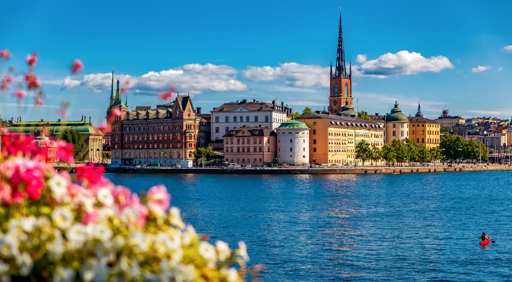 Panoramic view onto Stockholm old town Gamla Stan and Riddarholmen church in Sweden