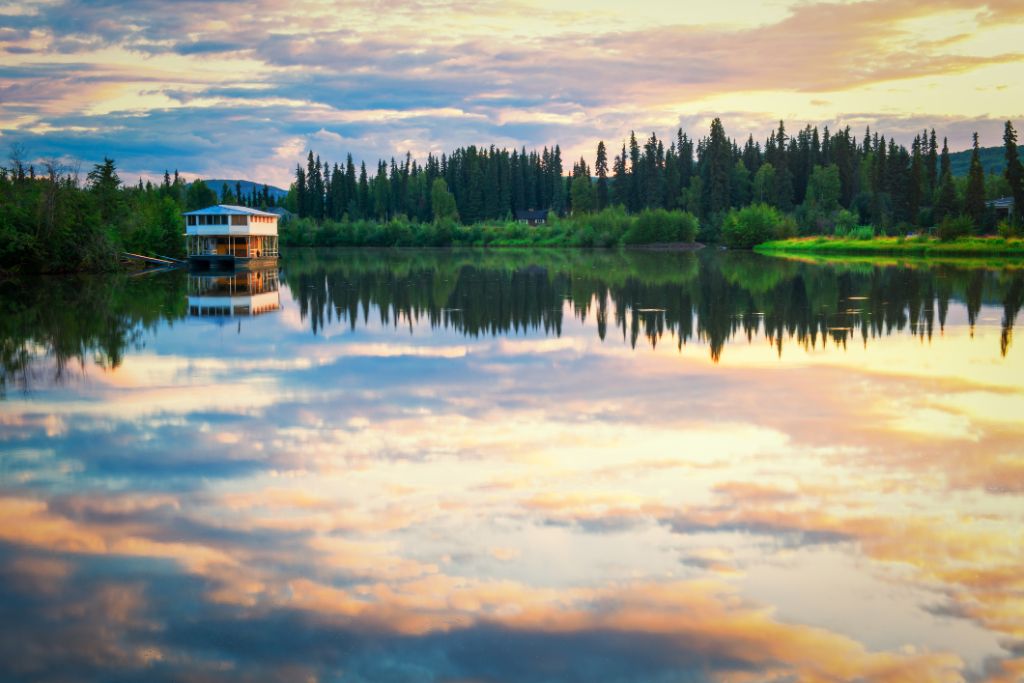 The bay of river Chena in Fairbanks at sunset, Alaska.