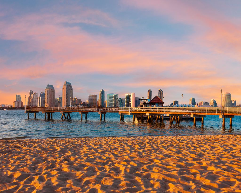 Setting sun cast a warm glow on the skyline of San Diego, California