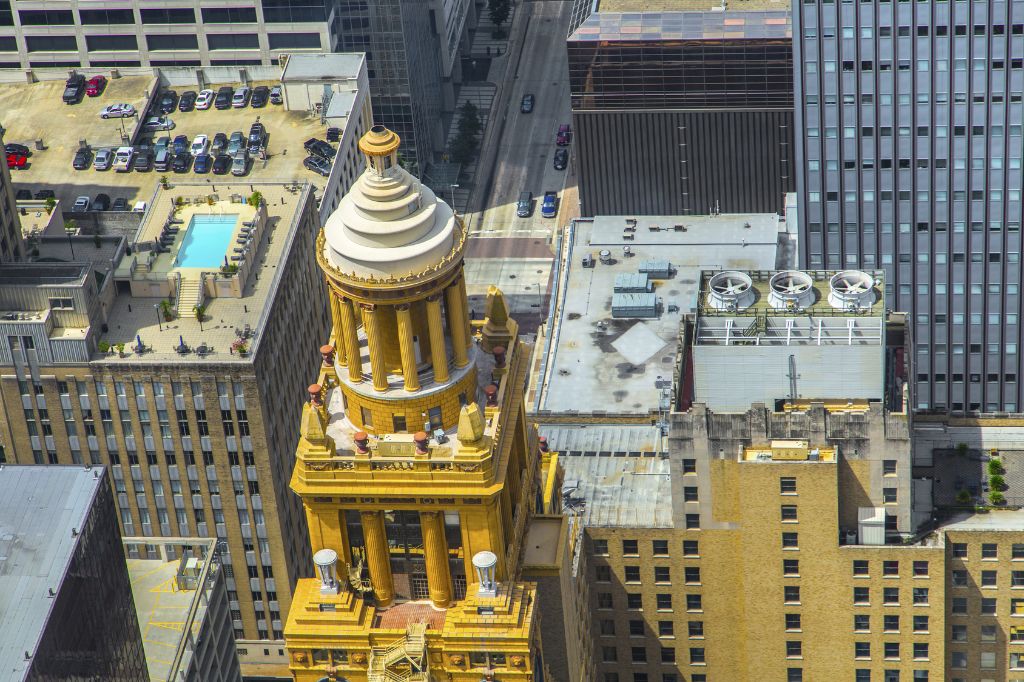 aerial of modern and historic   buildings in downtown Houston in daytime