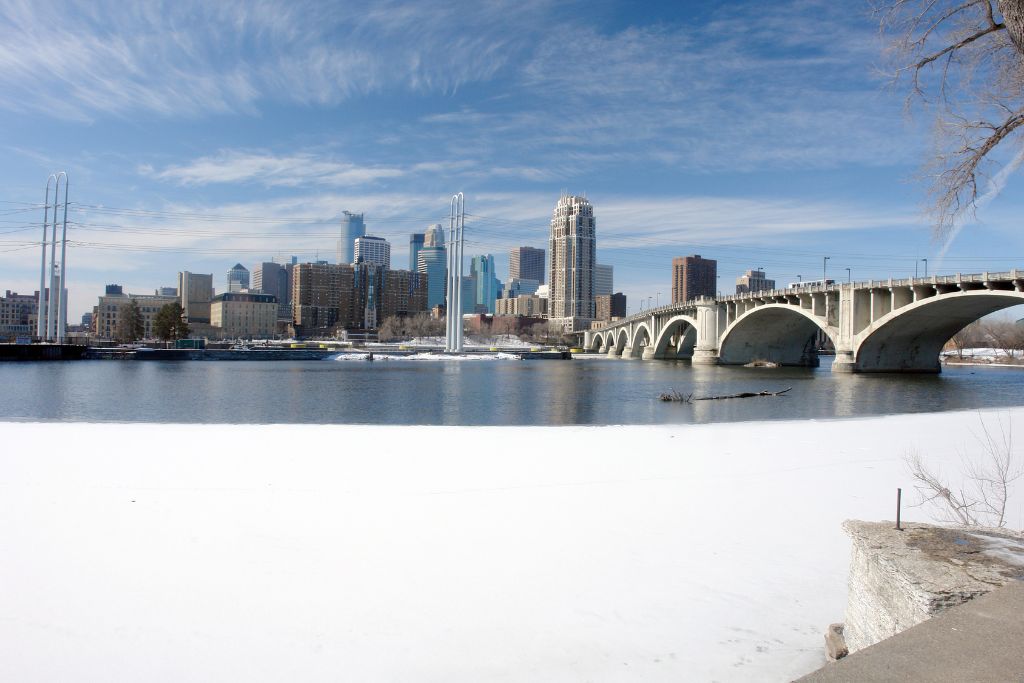 Urban Minneapolis across icy river