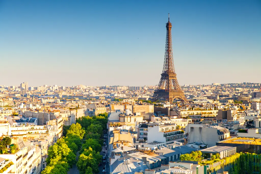 Eiffel Tower in Paris from distance with houses