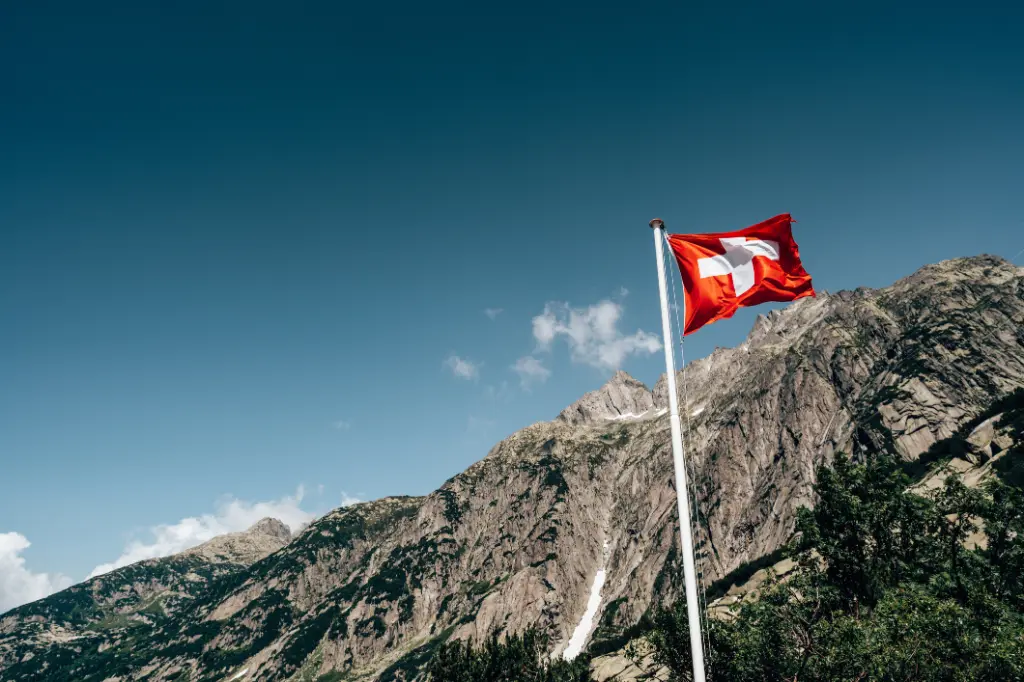 Swiss flag with mountains in the background