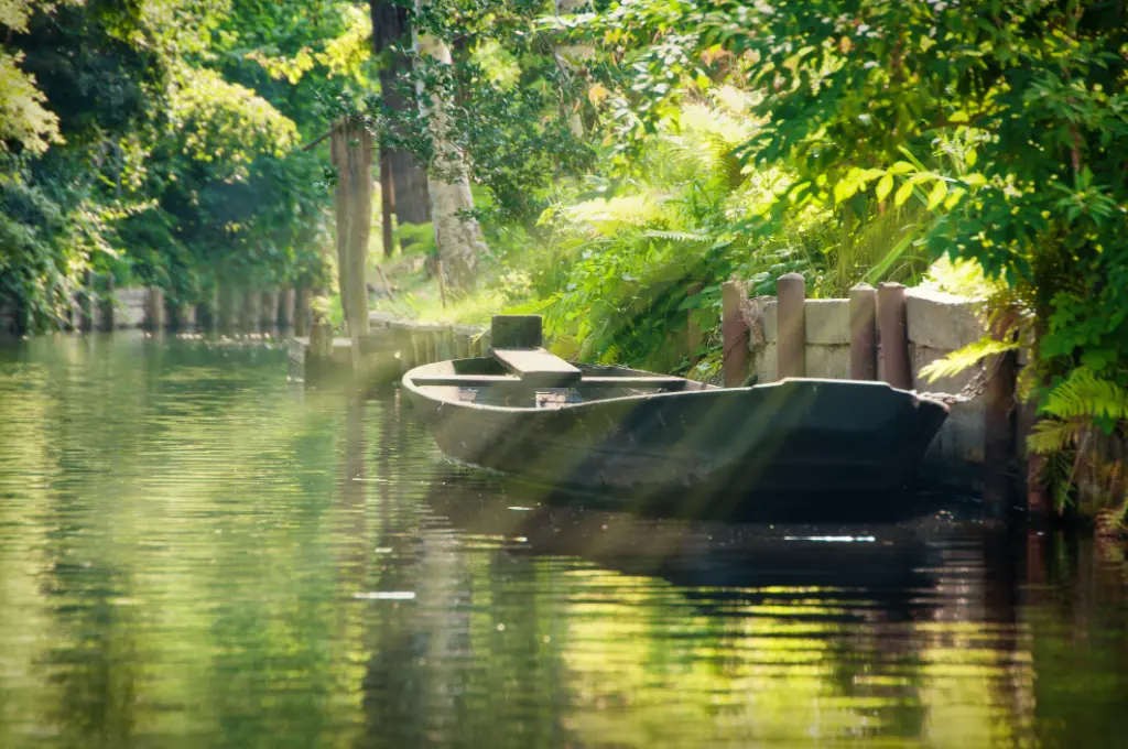 Spreewald in Brandenburg, auf einem Fluss befindet sich ein kleines Bod. Die Sonne fällt rechts durch die Bäume in das Bild