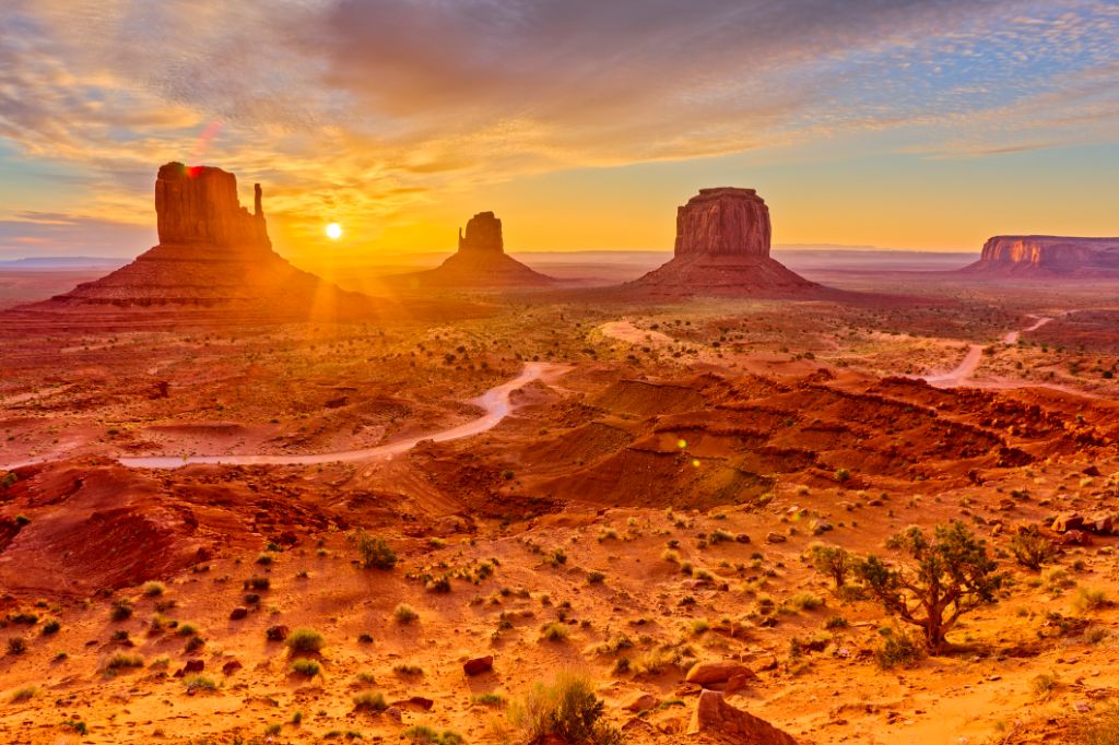 The mittens geologic feature in Monument Valley tribal park in Arizona at sunrise