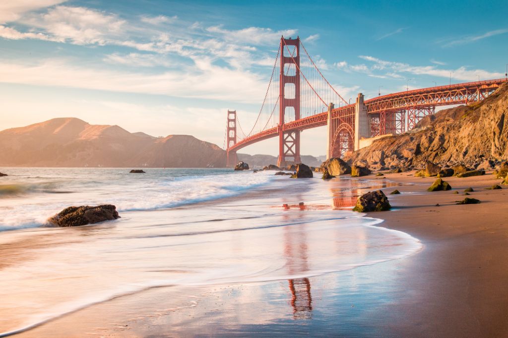 Golden Gate Bridge at sunset, San Francisco, California, USA