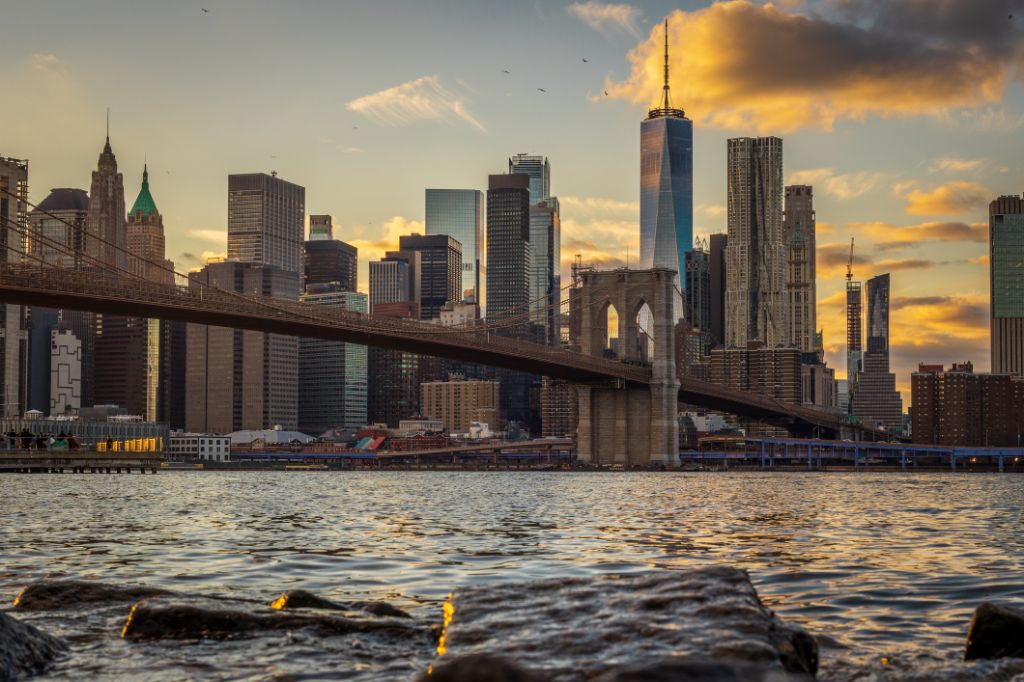 The Brooklyn Bridge and Freedom Tower from Pebble Beach in Brooklyn Bridge Park